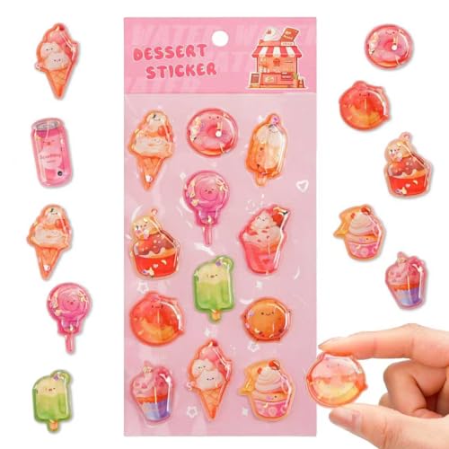 ウォーターシール 水入り ぷくぷく 立体 3d キラキラ ラメ入り ぷっくりシール 揺れる 浮き出し 手帳デコ 可愛い カラフル 装飾 日記 スマホ 携帯電話 DIY クラフト 女の子 子供 誕生日プレゼント 贈り物 手芸用品 (アイスクリーム A)
