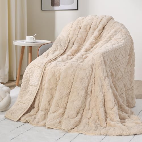 Weighted Blanket Queen Size 15lbs, Classy Soft Jacquard Sherpa Weighted Blankets for Sleep Natural and Calming, Fluffy Cozy Sofa Bed Blanket for Winter, Beige, 60 x 80 inches - Image 3