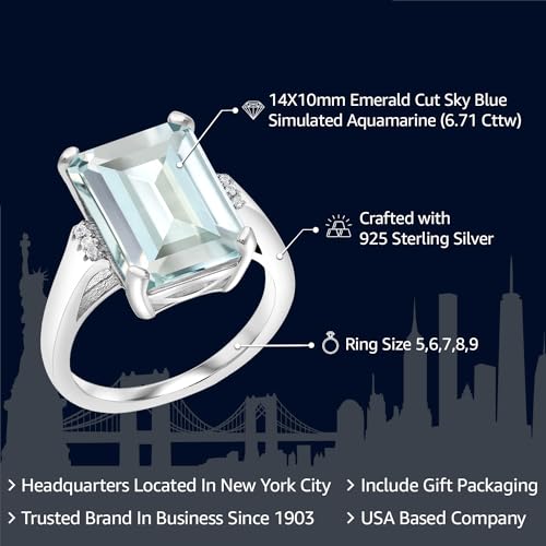 Gem Stone King 6.71 Cttw Sky Blue Simulated Aquamarine Engagement Ring For Women In 925 Sterling Silver | Emerald Cut 14X10MM | Available In Size 5, 6, 7, 8, 92