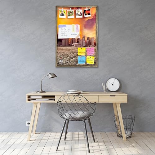 Image of ArtzFolio City Overlooking Desolate Desert | Bulletin Board Notice Pin Board | Vision Soft Board Combo with Thumb Push Pins & Sticky Notes | Antique Golden Frame | 24 x 36 inch (61 x 91 cms)
