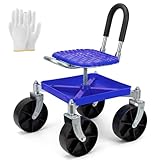 Garten Rollhocker mit 360° Drehbarem Sitz & 360° Schwenkrollen – 150 kg Tragkraft, Höhenverstellbar (51–61 cm) – Gartensitz mit Handschuhen für Jäten, Pflanzen, Auto-Detailing & Garagenarbeiten