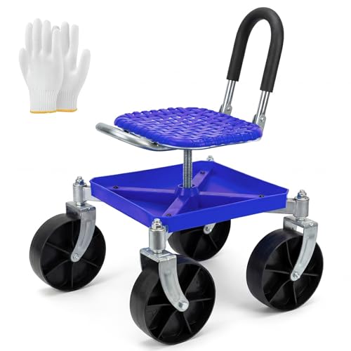 Tabouret de jardin à roulettes avec siège pivotant à 360° et roulettes pivotantes à 360 ° - Charge maximale : 150 kg - Hauteur réglable (51 à 61 cm) - Siège de jardin avec gants pour désherbage