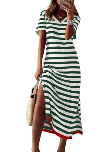 Image of Dokotoo Womens Summer Casual Trendy 2026 Short Sleeve Maxi Dress Striped Split Vacation Color Block T Shirt Dress