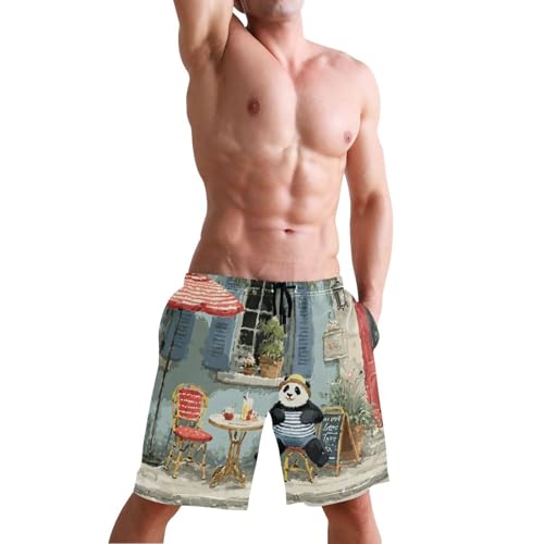 Men's Swim Trunks Street Panda Print, Quick Dry Beach Board Shorts with Lining-S4