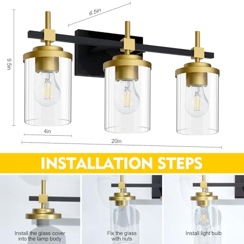 Aoglenic Bathroom Vanity Light,Modern Wall Sconce with Clear Glass Shade,Black & Gold Bathroom Light Fixtures Over Mirror for Bedroom Living Room Hallway Kitchen,E26 Socket (Bulb Excluded) (3 Lights) by Aoglenic - Image 3