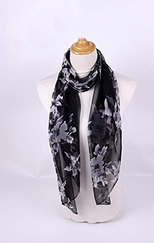 Women's 100% Chiffon Scarf Neck Fashionable Printing Country Style Lightweight Scarves For Ladies And Girls (Black) #TOP1