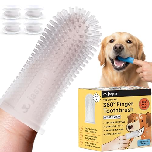 Jasper Dog Toothbrush, 360 Dog Tooth Brushing Kit, Finger Toothbrush, Cat Tooth Brush, Teeth Cleaning, Pet Tooth Brush for Small & Large Pets, Pet Toothpaste Not Included, 4-Pack Clear