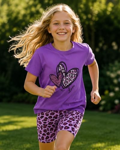 Image of 9-16Y Tween Girl Clothes 2 Piece Short Sleeve Heart Print Top and Shorts Teen Girl Summer Outfits Short Set