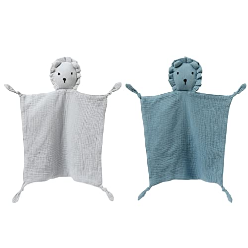 Image of insular Lovey Blanket for Boys and Girls, Organic Cotton Muslin Security Blanket for Babies, Soft Breathable Lovie Soothing Towel for Newborn and Infant, 2 Pcs Set, Blue&Gray