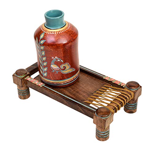 Image of Aakriti Art Creations Rustic Red Madhubani Vase with Ethnic Charpai Stand Handmade Terracotta Flower Vase with Wooden Chowki Base, Floral Design, Brown & Red Matte Finish for Living Room Decor
