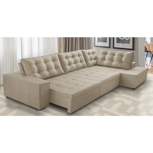 Sofá de Canto Retrátil e Reclinável com Molas 3,40x2,00 Jacke Suede Bege Adonai Estofados