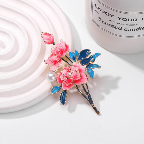 Image of Dainty Flower Brooch Pin for Women Graceful Peony Pearl Enamel Badge Lapel Pin Brightly Colored Corsage Pin Chic Banquet Party Jewelry Dress Accessories Gift