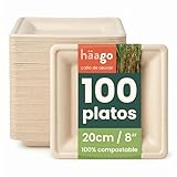 HAAGO 100 Platos Compostables de Caña de Azúcar, 20 cm / 8' Cuadrados - Platos de Cartón Resistentes, Anti-Grasa y a Prueba de Fugas – Biodegradables & Desechables para Fiestas, Navidad y Cumpleaños