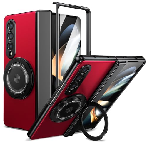XKchatpt Magnetic Folding Phone Case for Samsung Galaxy Z Fold 4,Kickstand 360° Rotatable Magnetic Stand Case with Hinge Protection & Front Screen Protector for Samsung Galaxy Z Fold 4 (Red)