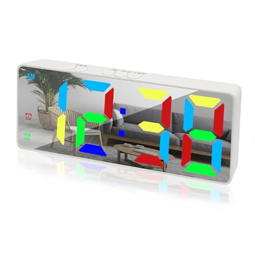 Image of Digital Alarm Clock, Mirror Surface LED Electronic Clocks Large Display, Adjustable Brightness, Dual Power Supply, Snooze Model for Bedroom, Desk, Office (White Case + Dynamic Digit)