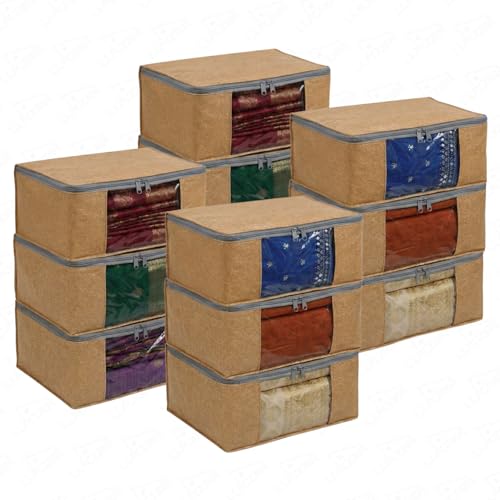 Image of Lukzer Non-Woven Leather Printed Saree Covers for Storage with Transparent Window & Zip - Large Set of 12 | Cloth Storage /Wardrobe Organizer for Woman Clothes /Lehengas /Dresses 45x33x20CM - (LSC-03-12)