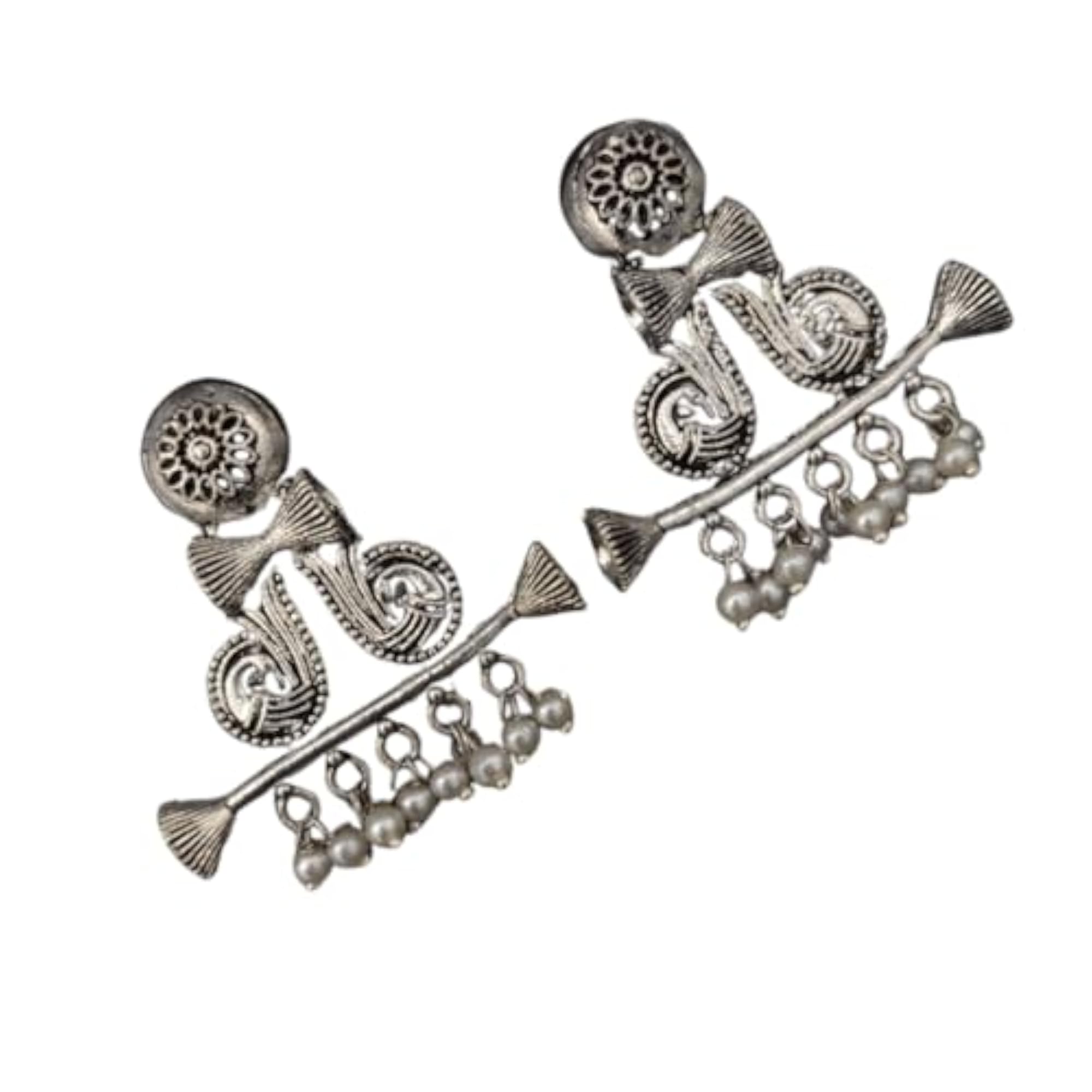 Women's German Silver Oxidised Stud Earrings, Vintage Charm