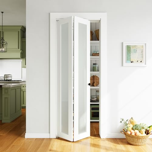 SMARTSTANDARD Bifold Door, 30'' x 80" Tempered Frosted Glass Bifold Closet Door, Interior Folding Door with Hardware Track Kits, Easy Assembly, MDF, White 30" x 80" Opening+Track Kit White