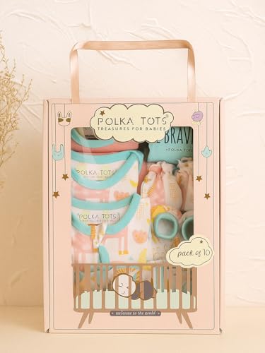 Polka Tots Premium 10-Piece New-Born Baby Gift Set – Cotton | Unisex | Gift-Ready