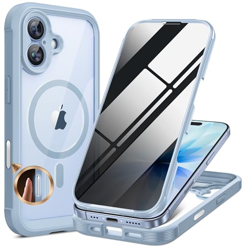 Miracase iPhone 17 ケース 覗き見防止 MagSafe対応 スマホケース あいふおん17 用 カバー 9H 強化ガラス 360°保護 全身バンパー保護ケース 6.3インチ フルカバー ワイヤレス充電対応 マグセーフ対応 マグネット搭載 水色