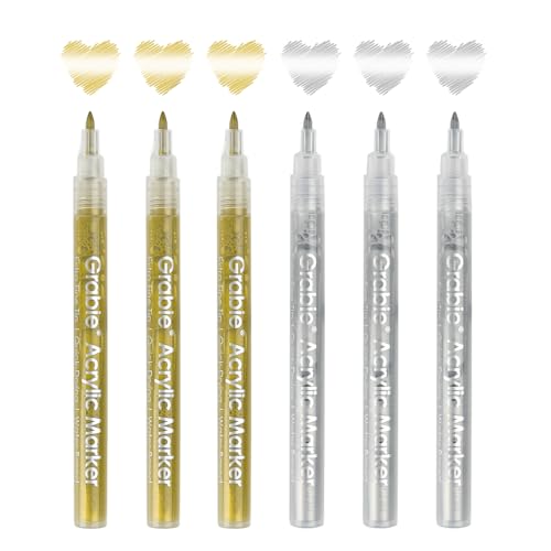 Image of Grabie Gold&Silver Extra Fine Tip Acrylic Paint Marker Set, 6 Pack Gold Paint Markers, 0.7mm Acrylic Paint Pens for Black Paper, Halloween Pumpkin, Christmas DIY, Silver Pen(Gold&Silver)
