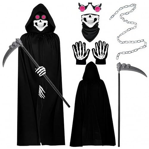 JOYTIX®Set Costume Mietitore Deluxe 6 Pezzi: Mantello con Cappuccio Nero, Falce Luminosa, Occhi LED, Catena Fantasma + Guanti Fluorescenti (M Taglia (Altezza corporea consigliata 140–160 cm))
