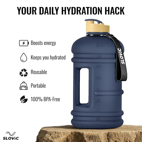 Image of SLOVIC Gallon Water Bottle 2 + Litre | Gym Motivational Sipper Water Bottle for Adults | 100% BPA Free & Leakproof | 2 Litre Sipper for Men & Women with Ergonomic Handle | Dark Blue | 2200 ML