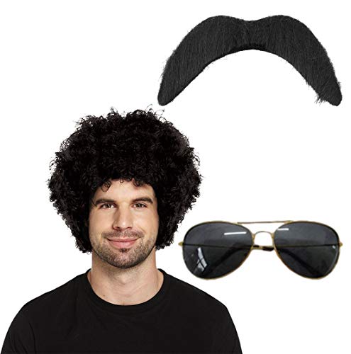 Islander Fashions Adults 80s Black Afro Wig Moustache and Sunglasses Fancy Dress Party Accessory (U37556+U09723+2831G)
