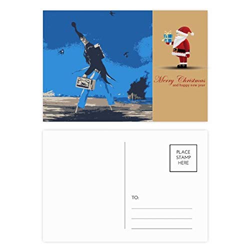 Cartes postales de Noël dessin animé bleu : écrivez vos vœux au pied du sapin