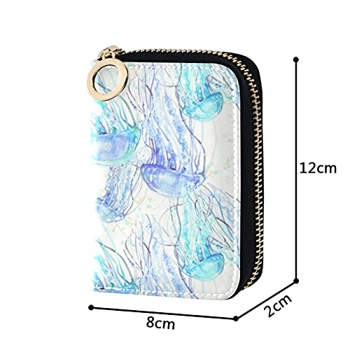 Watercolor Jellyfish Troquoise Blue Grey Credit Card Coin wallet, RFID Blocking Compact Women Leather Card Holder, Key Change Organizer, Zipper Purse Clutch Pouch Pocket4