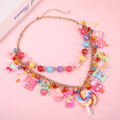 Candy Layered Necklaces for Women Novelty Colorful Beads Lollipop Sweet Candy Bear Ice Cream Dessert Cake Pendant Choker Necklace for Birthday Halloween Holiday Party Jewelry Gift3