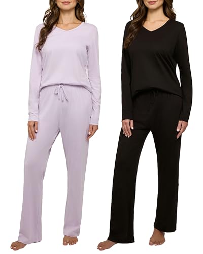 Image of Real Essentials 2 Pack Women's Soft Cotton Long Sleeve Pajama Set with Pants - Lounge Sets for Women (Available In Plus)