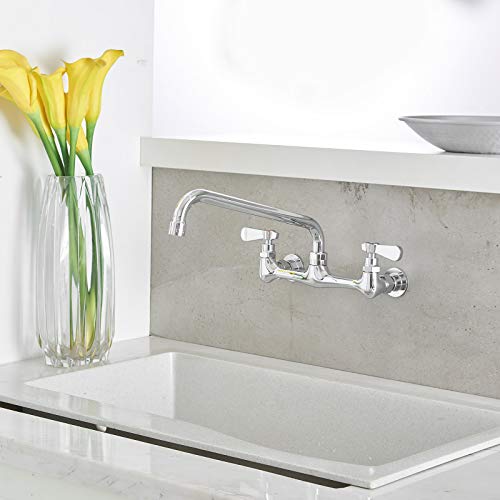 Kitchen Faucet Wall Mount With 12 Inch Swivel Spout 8" Center Commercial Sink 2-Handle No Lead Faucet Mixer Tap Polish Chrome #TOP2