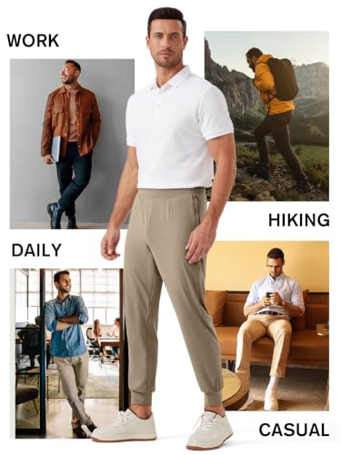 REWKOY Men's Golf Joggers Pants Stretch Sweatpants with Zipper Pockets Slim Fit Track Pants Joggers for Men Work Running Khaki Brown L — view 6