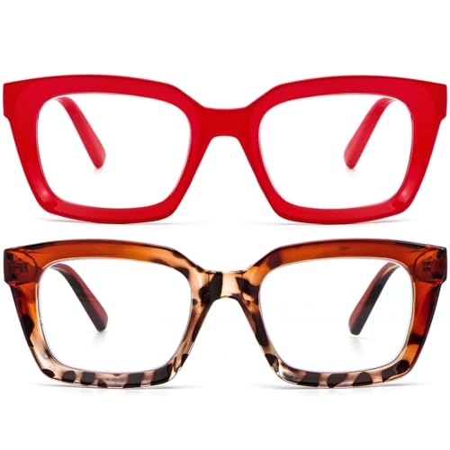 Image of REAVEE 2 Pack Oversized Reading Glasses for Women Men Blue Light Blocking, Ladies Stylish Retro Square Large Computer Readers (Red /Brown Leopard 0.0x)