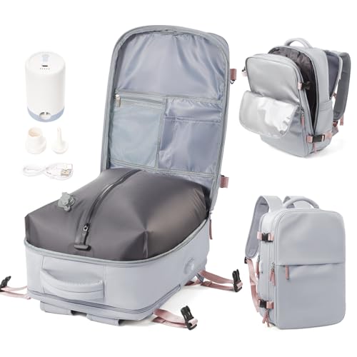 Vacuum Travel Backpack with Electric Pump for Women Men, Vacpack Seal Compression Bags Waterproof Travel Backpack Carry on Flight Approved, Air Backpack Personal Item Carry on Backpacks(Gray)