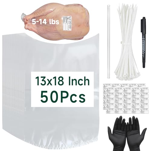 Poultry Shrink Bags - 50 Pack 13x18 Clear Heat Shrink Wrap Bags BPA Free Poultry Freezer Bag with Zip Ties Silicone Straw Freezer Labels and Gloves for Turkey Chicken Rabbit