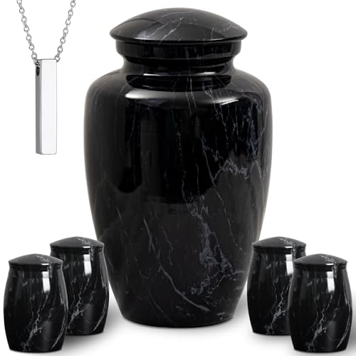Image of Black Marble Finish Cremation Urn Set for Human Ashes Adult | 6 Piece Funeral Memorial Urns Include 1 Large Urn, 4 Small Sharing Urns & 1 Ashes Necklace for Dad Mom Grandpa Grandma Family
