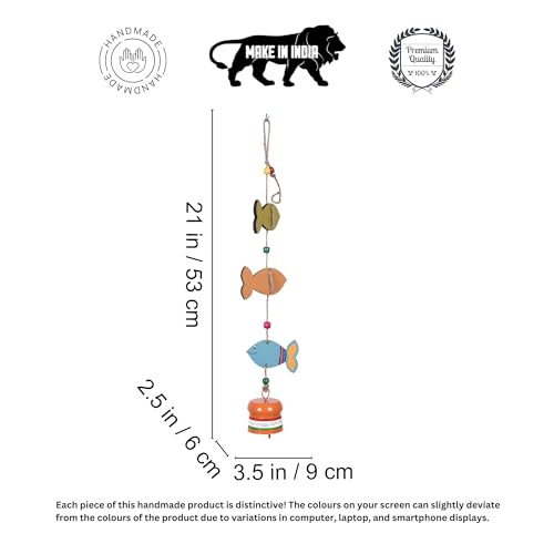 Image of Aakriti Art Creations Fish Trinity Hand Painted Wind Chime Multicolor | Handmade Wooden & Metal Windchimes for Home | Decorative Wind Chimes for Balcony, Garden, Living Room | Feng Shui Wind Chime