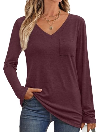 Image of AUTOMET Womens Long Sleeve Shirts V Neck Casual Tops with Pockets Loose Dressy Basic Fall Outfits Clothes Winter Trendy 2025