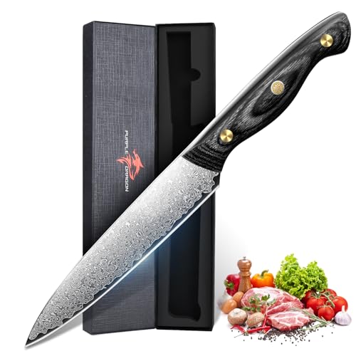 Purple Dragon Coltello Universale in Acciaio Damasco 13cm Piccolo Coltello da Cucina con Nucleo VG10 Coltello da Cucina Versatile per Verdure Frutta e Carne Ideale per Taglio Preciso Regalo per Uomini