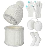 SATINIOR 5 Pcs Winter Hat Scarf Gloves Set Knit Satin Lined Pompom Beanie Warm Touchscreen Gloves Earmuff Warmer for Women(White,Stylish Style)