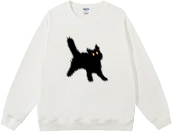 Womens Crewneck Sweatshirts Oversized Casual Long Sleeve Cotton Fall Tops Cute Cat Pattern Pullover Sweatshirt