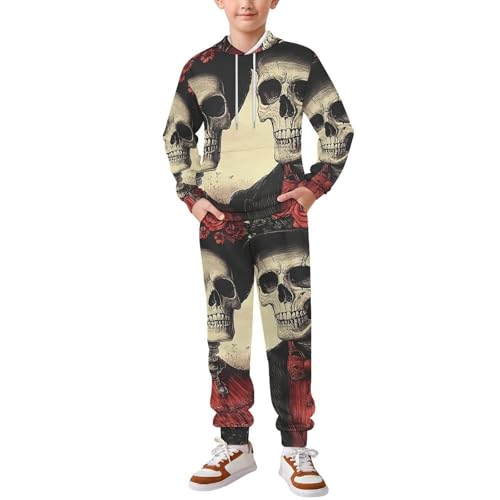 Boys Girls Sweatshirt Pullover Hoodie & Pants Kid Active Sweatsuit Tracksuit, Skull Couple Vintage