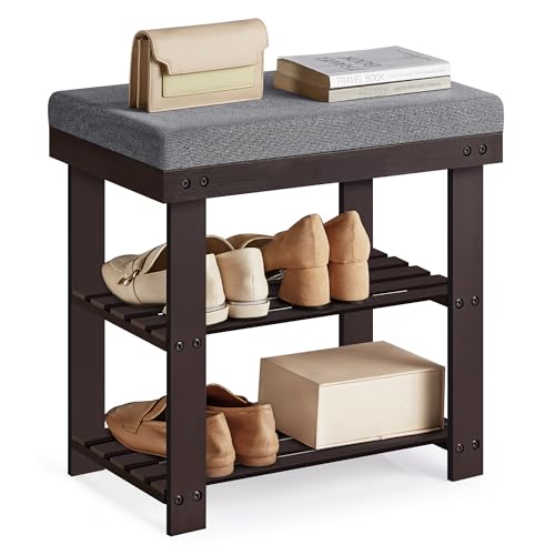 Image of SONGMICS Bamboo Shoe Bench, 3-Tier Shoe Rack Organizer for Entryway, Living Room, Bench Seat Holds Up to 300 lb, 11.9 x 20.5 x 19.2 Inches, Rustic Walnut and Slate Gray ULBS504M01