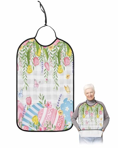 LEOKOTI Spring Easter Adult Bibs for Eating, Waterproof Bibs with Food Catcher & Adjustable Snap Closure, Gray Plaid Floral Botanical Easter Eggs Washable Clothing Protectors Adult Bibs for Elderly