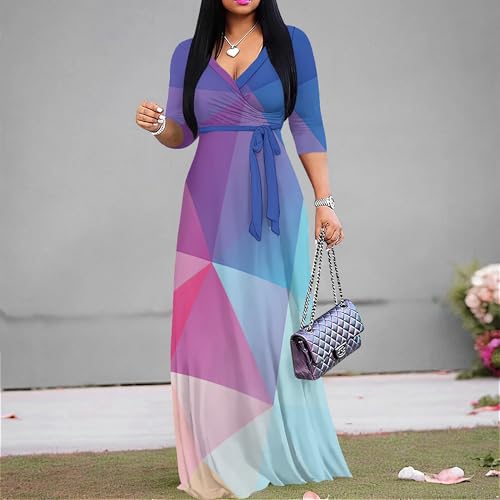 Image of PinkPatty Women's Print Maxi Dresses 3 /4 Sleeve Flowy Long Dress V Neck Wrap Tie Waist Sundress