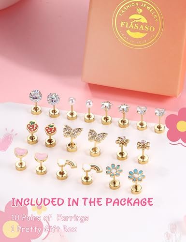 FIASASO Hypoallergenic Flat Back Earrings for Girls Kids Toddler Women 10 Pair Surgical Stainless Steel Screw Back Stud Earrings for Sensitive Ears Cute Flower Butterfly Stud Earring Screwback Girl Earrings Toddler Jewelry Gold age：over 4 years old — view 2