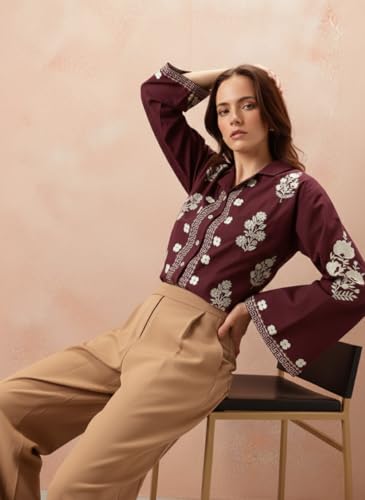 Image of Bee M Pee Designer Women's Embroidered Korean Crop Shirt | Full Bell Sleeves Western Tops for Woman Stylish | Oversized Formal /Casual /Office Wear Cotton Shirts Top for Women