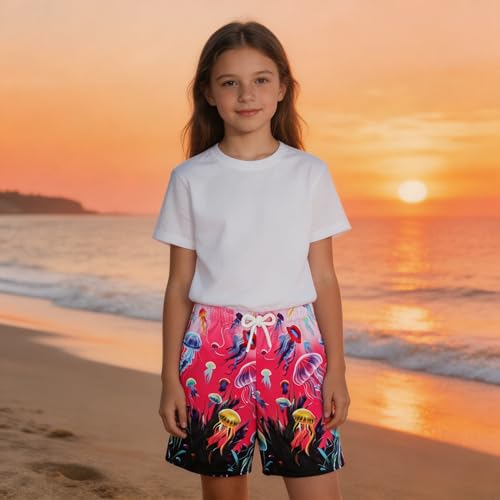 Image of AMYNICE Girls Beach Board Short with Liner Quick Dry Active Jellyfish Print | Swimming Trunks Swimsuit with Pockets Drawstring Surfing, Beach, Vacation and Holiday for Toddler Baby girl